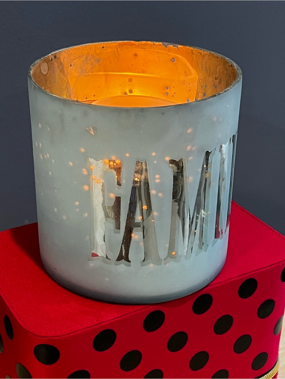 FAMILY Love Decorative White Frosted Glass Candle Holder with Metallic Accents